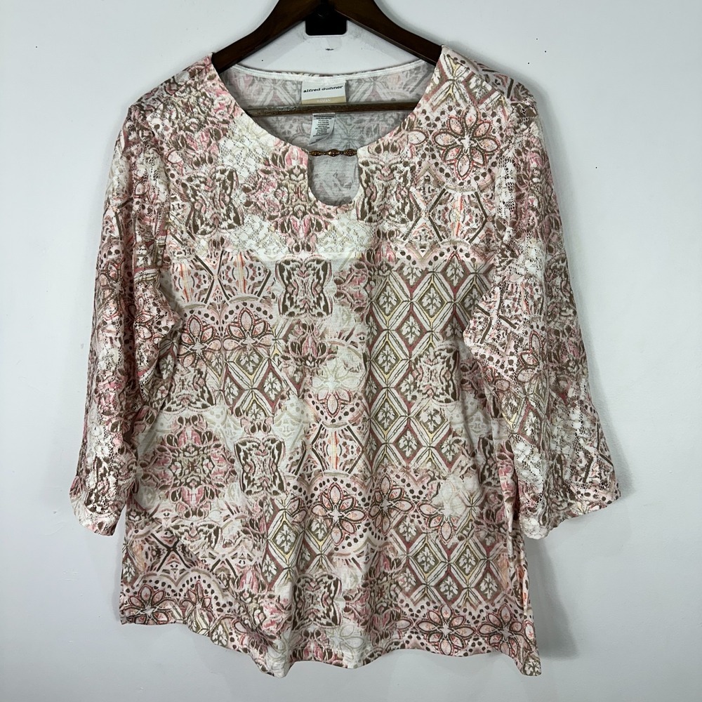 Alfred Dunner Top Plus Size Woman 1X Geometric Mesh Lace 3/4 Sleeve Boho Blouse